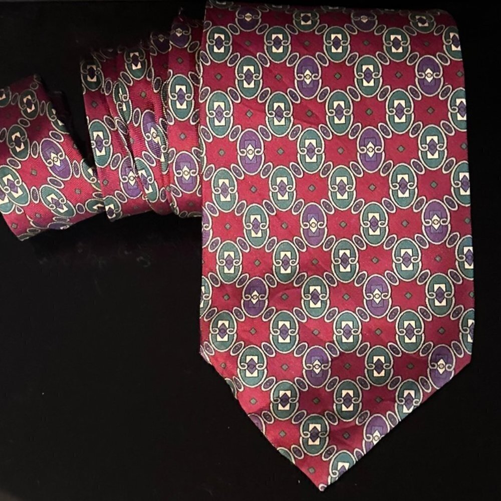 Dior Mid Century Modern Neckwear Tie 100% All Silk Purple Baroque Regal Red Mod - Picture 1 of 7